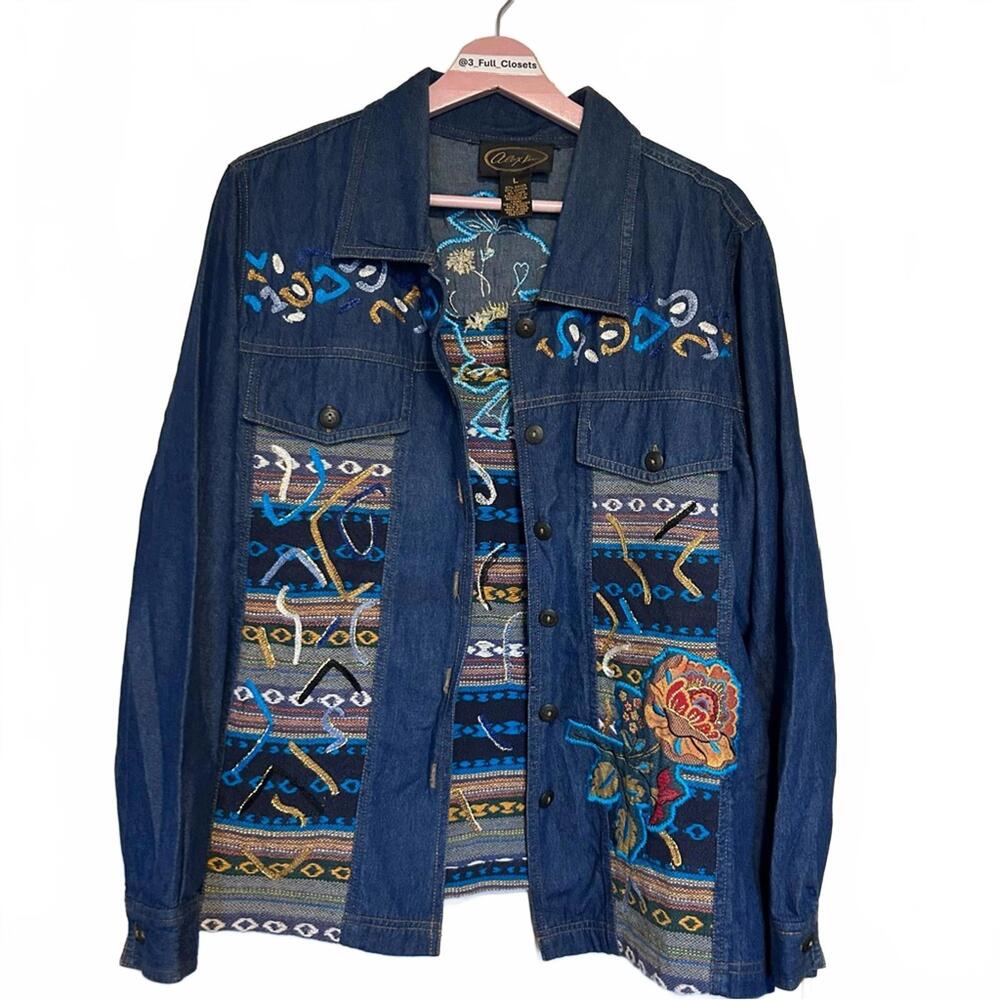Vintage Alex Kim Art Deco Chambray Demin Embroidered Shirt | Size Large
